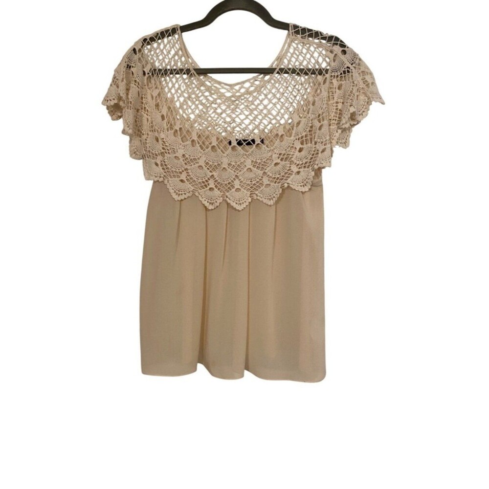 Hazel Women's XS Cream Boho Top Crochet Lace Overlay Peasant Flowy Lightweight